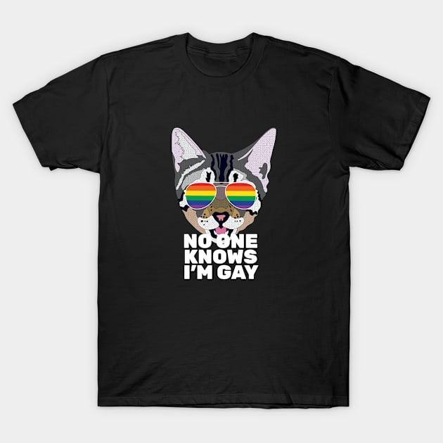 NO ONE KNOWS I'M GAY - Cute Cat Sunglasses Gay Pride Rainbow Flag T-Shirt by NightField